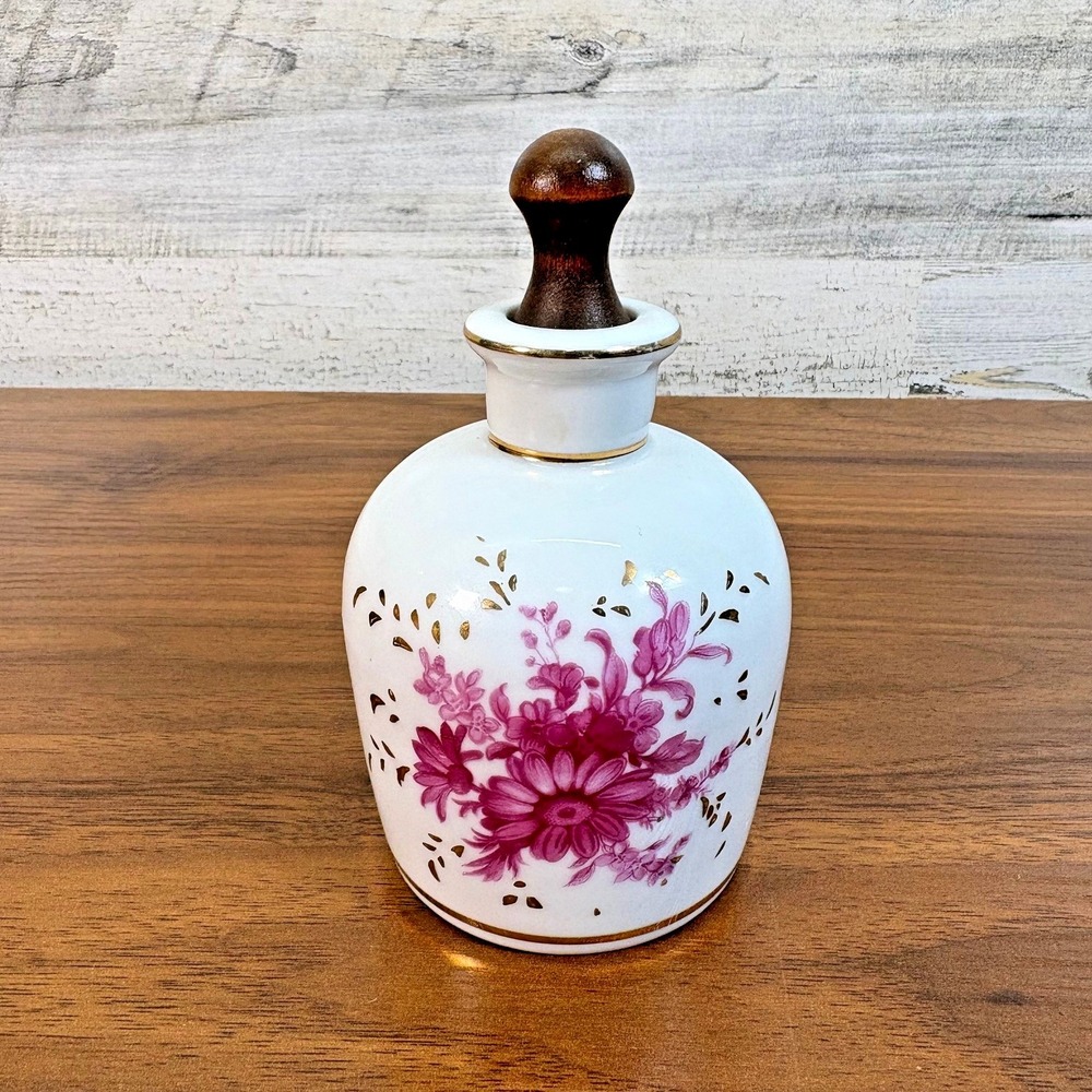 Vintage Matson Mid Century Porcelain Irice Perfume Bottle‎ Hand Painted Wood Top